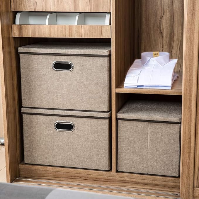 PRANDOM Large Collapsible Storage Bins with Lids [3-Pack] Jute Fabric Foldable Storage Boxes Organizer Containers Baskets Cube with Cover for Home Bedroom Closet Office Nursery (17.7x11.8x11.8)