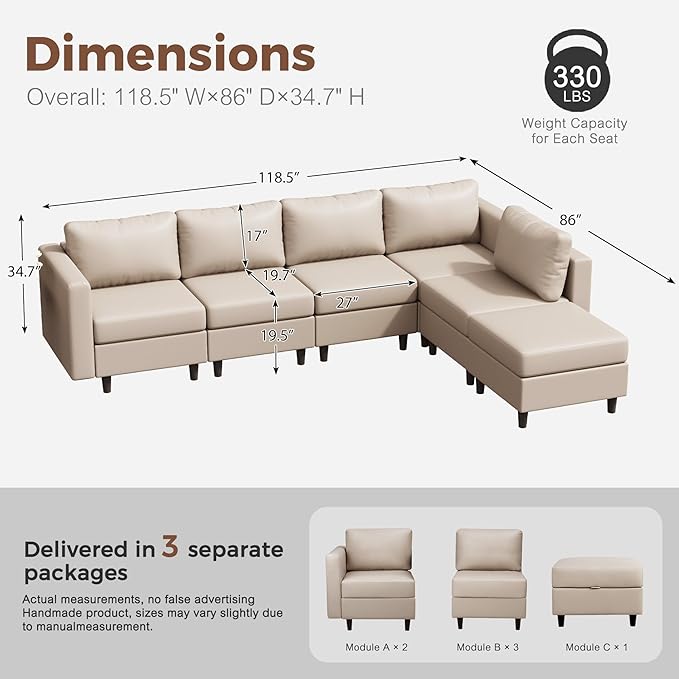 118.5" Faux Leather Modular Sectional Sofa, L Shaped Couch Set for Living Room, 6-Seater Comfy Cloud Couches with Movable Storage Ottoman Whitesand