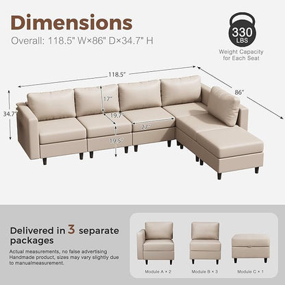 118.5" Faux Leather Modular Sectional Sofa, L Shaped Couch Set for Living Room, 6-Seater Comfy Cloud Couches with Movable Storage Ottoman Whitesand