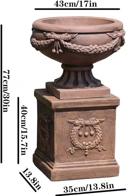 Vintage Garden Urn Planter with Pedestal, Cement and Fiber, Maked Bronze Color, Decorative Leaf Pattern, 30 Inch Height, Wrap Foam Safely Delivered from Local Warehouse (Bronze)