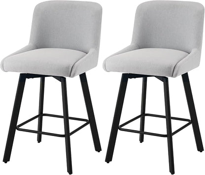 Swivel Bar Stools Set of 2, 26''H Upholstered Barstools with Backs, Modern Counter Height Bar Stool Chairs for Kitchen Island, Metal Legs, Fabric, Light Gray Counter Stools