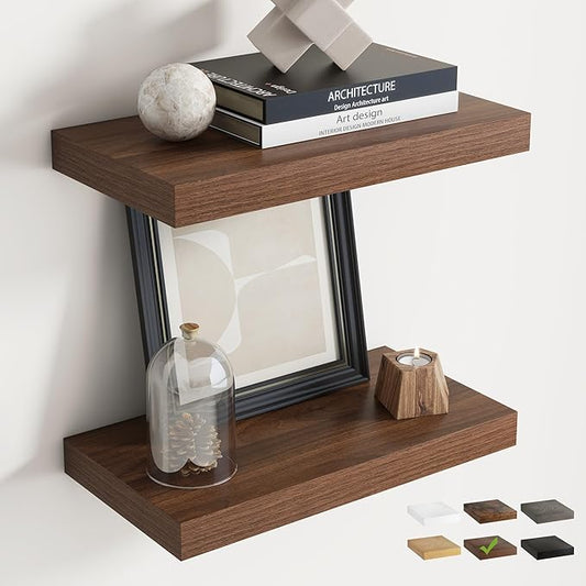 16 Inch Floating Shelves for Wall Set of 2, 8"D Wood Grain Bathroom Shelves with Invisible Brackets, Easy Install Engineered Wood Storage Shelves for Kitchen, Living Room, Bedroom, Walnut Finish