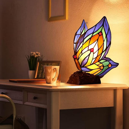 Tiffany Butterfly Table Lamp, 9'' Tall Vintage Stained Glass Lamp, Fairy Reading Night Light for Bedroom Living Room, 1 LED Bulb Included