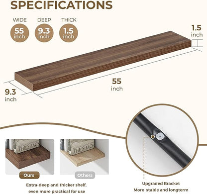 Dreamland 55 Inches Floating Shelves for Wall, 9.3" Deep Long Floating Shelves Set of 1, Large Display & Storage Shelf, Wall Shelf for Bathroom Bedroom Living Room Kitchen Office, Walnut
