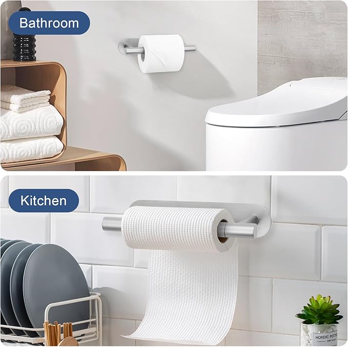 Self Adhesive Toilet Paper Holder, SUS304 Stainless Steel Brushed Nickel Toilet Roll Holder, Double Base Paper Towel Holder Wall Mount No Drilling for Bathroom, Kitchen, Washroom