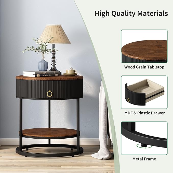 OIOG Round End Table with Drawer, Modern Wood Grain Side Table with Shelf, 2-Tier Nightstand with Drawer for Living Room, Bedroom, Rustic Brown and Black