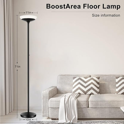 BoostArea Torchiere Floor Lamp, 30W Super Bright LED Standing Lamp, Stepless Dimmable Pole Lamp with 3000K Lighting, Rotary Switch, 70 Inch Tall Metal Modern Floor Lamps for Living Room/Bedroom Black