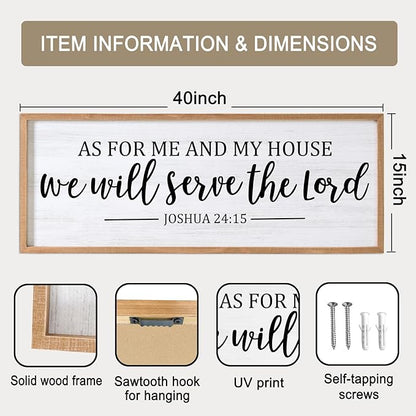 As For Me And My House We Will Serve The Lord Framed Wall Art, 40''×15'' Positive Religious Rustic Bible Verse for Christian God Jesus Christ Prayer, Vintage Long Holy Catholic Scripture Decor