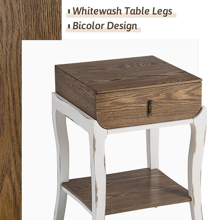 COSIEST Rustic Nightstand, 2-Tier Farmhouse Bedside Table, Wood Accent End Table with Storage Drawer and Open Display Shelf for Bedroom Nursery Living Room(Walnut)