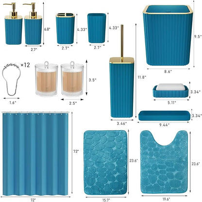 Bathroom Accessory Set - 25PC Teal Bathroom Set, Bathroom Set with Shower Curtain and Rugs, Bathroom Accessories Set, Shower Curtain Set, Trash Can & Soap Dispenser