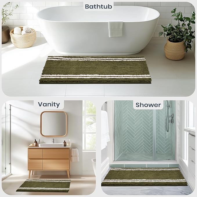 PURRUGS Bathroom Rug Non-Slip Machine Washable 24" x 36", Super Absorbent and Quick Dry Shaggy Microfiber Bath Mat, Extra Soft and Plush Bath Rug for Bathtub, Shower and Sink, Olive Green