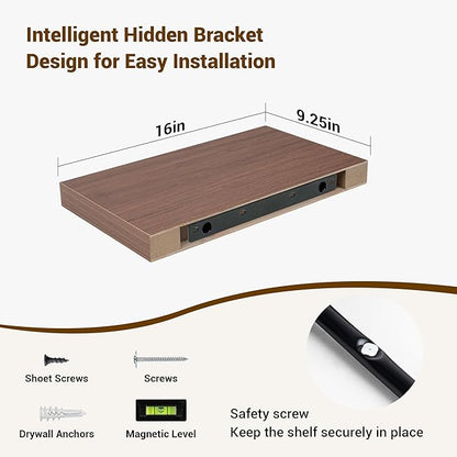 16 Inch Floating Shelves, 16"x9.25"x1.5" Inch Deep Floating Shelves for Wall, Wooden Shelves for Bathroom, Bedroom, Living Room, Walnut, 2 Pieces