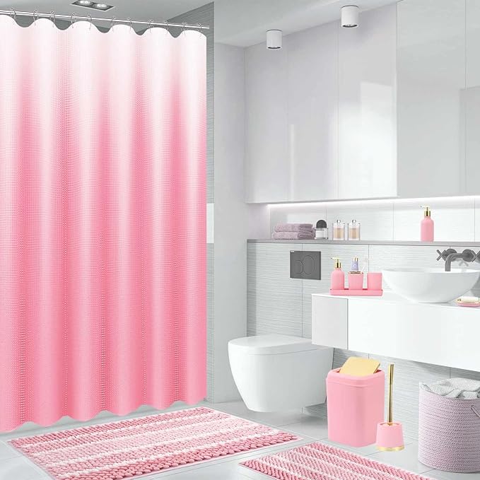 25PCS Pink Bathroom Accessories Sets Complete, with Shower Curtain, Rugs, Trash Can and Toilet Brush, Toothbrush Holder and Cup, Soap Dispenser, Soap Dish, Qtip Holder, Bathroom Decor Sets