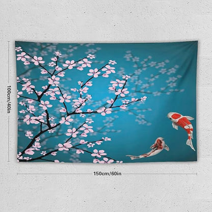 Houselerax Japanese Koi Fish Tapestry, Cherry Blossoms Asian Oriental Green Teal Flower Branch Koi Fish Carp Tapestries Wall Hanging for Bedroom Living Room Office Decor 60"x40"
