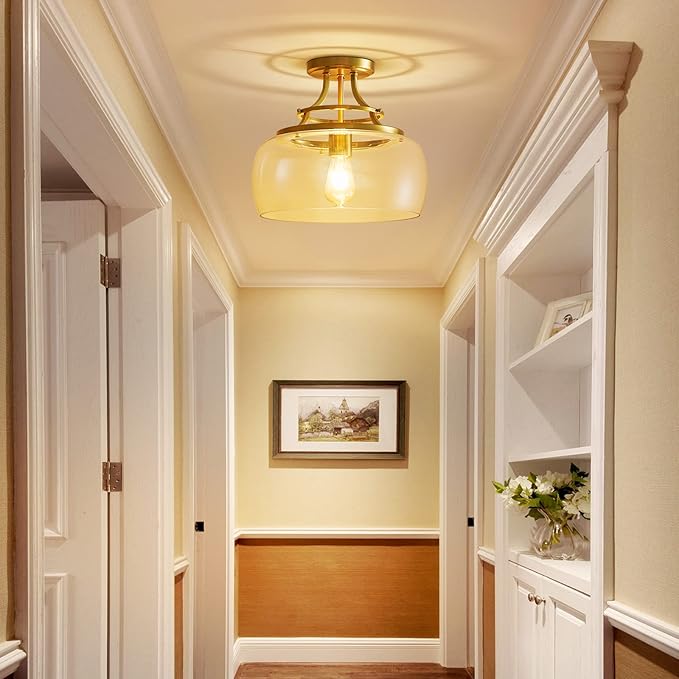 WUZUPS Chandelier Rustic Farmhouse Industrial Round Semi-flushmount Ceiling LED Light Fixture with Clear Glass Shades for Bathroom Kitchen Foyer Entryway, H 11.8" x W 13.4", E26 Base, Brushed Gold