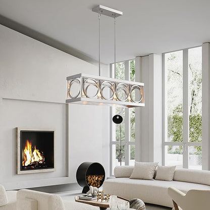 XINGQI Linear Chandelier Brushed Nickel Kitchen Island Light Fixtures 31.5" Rectangle Dining Room Chandeliers, Farmhouse Hanging Large 4-Light Rustic Metal Living Room Office Pendant Lighting