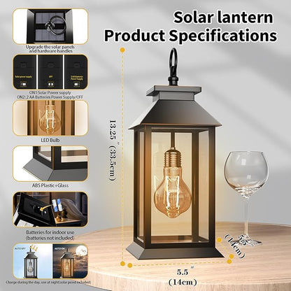 2 Pack Hanging Solar Lanterns Glass Solar Lights Outdoor Waterproof Upgraded Solar and 2 AA Batteries Powered, for Outside Porch, Patio and Indoor Tables, Mantelpiece