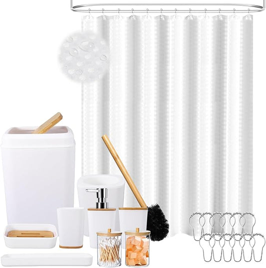 White Bathroom Sets Accessories with Waffle Shower Curtain,Bathroom Sets with Trash Can,Toothbrush Holder,Toothbrush Cup,Soap Dispense,Tray,Soap Dish,Toilet Brush,Qtip Holder
