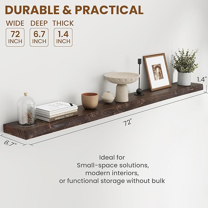 72" Floating Shelves, Live Edge Elm Wood Floating Shelf for Wall, Wall-Mounted Display Shelves with Invisible Heavy-Duty Bracket, Long Floating Shelf for Bathroom, Kitchen, Living Room, Walnut Color