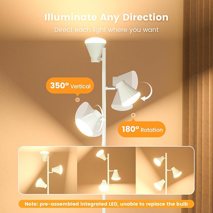 36W LED Tree Floor Lamp, Dimmable Tall Standing Lamp with Remote & Touch Control, 4 Color Temperatures Bright Floor Lamp, 3 Rotatable Light Modern Floor Lamps (White)