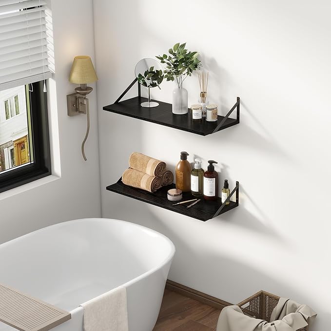 12 Inch Deep Floating Shelves, 30W x 12D Wall Shelves with Brackets, Black Floating Shelves 30 Inch Long, Rustic Wood Wall Shelf, Wide Storage Display Shelf for Kitchek, Living Room, Bathroom