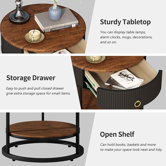 OIOG Round End Table with Drawer, Modern Wood Grain Side Table with Shelf, 2-Tier Nightstand with Drawer for Living Room, Bedroom, Rustic Brown and Black
