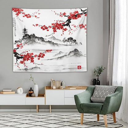 Cherry Blossoms Tapestry, Japanese Fuji Mountain Tapestry, Asian Japanese Wall Tapestry, Nature Landscape Tapestries for Bedroom Living Room Decor 60"x50"