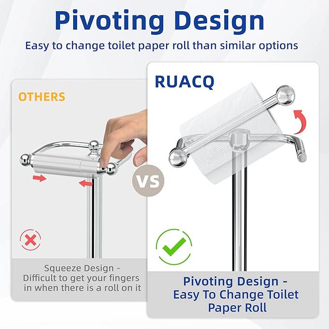 RUACQ Toilet Paper Holder Stand, Bathroom Toilet Paper roll Holder Free Standing with Storage for 4 Rolls, Post Pivoting Design, Stable Weighted Base, SUS304 Stainless Steel(Chrome)