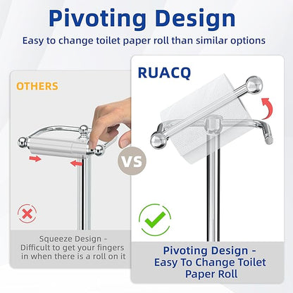 RUACQ Toilet Paper Holder Stand, Bathroom Toilet Paper roll Holder Free Standing with Storage for 4 Rolls, Post Pivoting Design, Stable Weighted Base, SUS304 Stainless Steel(Chrome)