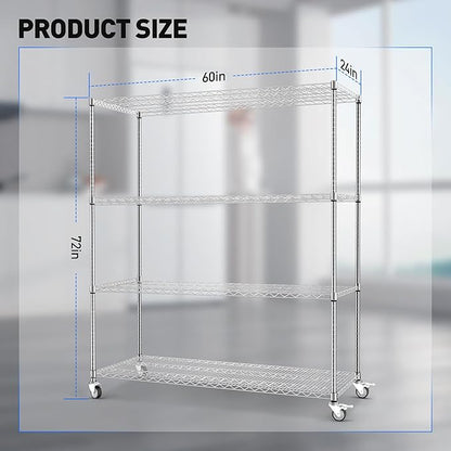 Rengue Wire Shelving with Wheels, 60"x 24"x72" Metal Storage Shelves, 4-Tier Heavy Duty Garage Storage Shelves, Chrome 2400LBS Capacity Wire Shelf Rack for Restaurant, Garage, Pantry, Kitchen