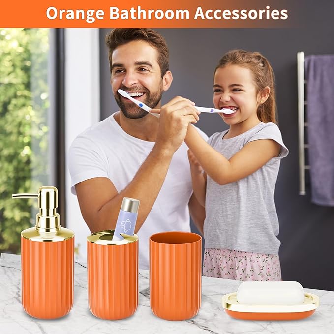 24 PCS Orange Bathroom Accessories Set with Shower Curtain and Rugs, Bathroom Sets with Extra Soft and Absorbent Bath Rugs Shower Curtain Orange Bathroom Accessory for Bath