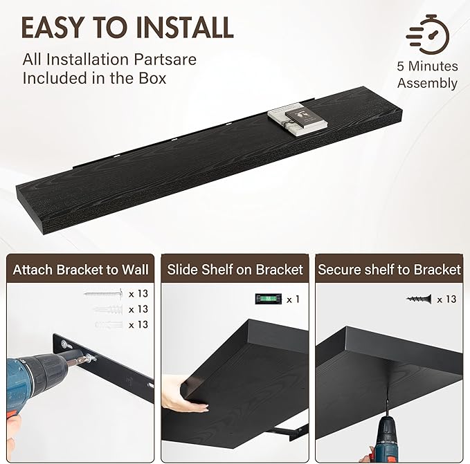 72 Inch Floating Shelves, 12" Deep Floating Shelf Wall Mounted, 72" Wall Shelves, Rustic Deep Bookshelf, Extra Deeper & Thicker Display Shelves for Bedroom, Living Room, Black, Set of 1