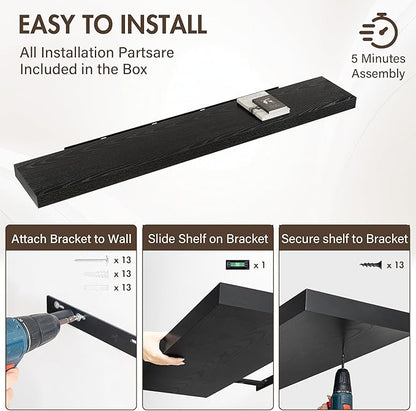 72 Inch Floating Shelves, 12" Deep Floating Shelf Wall Mounted, 72" Wall Shelves, Rustic Deep Bookshelf, Extra Deeper & Thicker Display Shelves for Bedroom, Living Room, Black, Set of 1