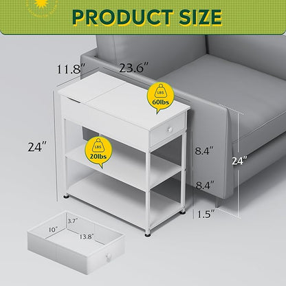 WLIVE Narrow Side Table with Charging Station, Couch Side Table for Living Room, Narrow End Table for Bedroom with Fabric Drawer, USB Ports and Power Outlets, 11.8‘’W 23.6‘’L 24‘’H, White
