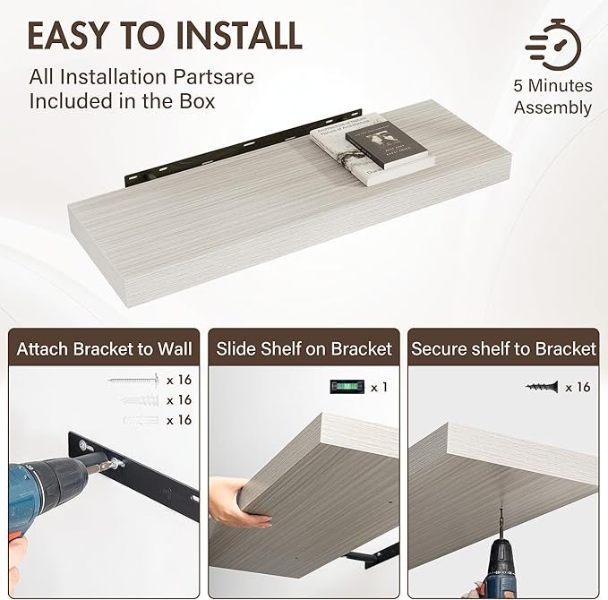 36 Inch Floating Shelves, 12" Deep Floating Shelf Wall Mounted, 36" Wall Shelves, Rustic Deep Bookshelf, Extra Deeper & Thicker Display Shelves for Bedroom, Living Room, Gray, Set of 2