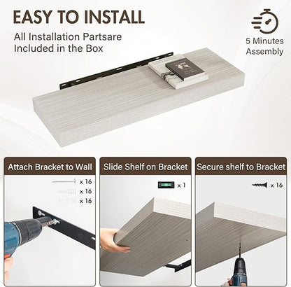 36 Inch Floating Shelves, 12" Deep Floating Shelf Wall Mounted, 36" Wall Shelves, Rustic Deep Bookshelf, Extra Deeper & Thicker Display Shelves for Bedroom, Living Room, Gray, Set of 2