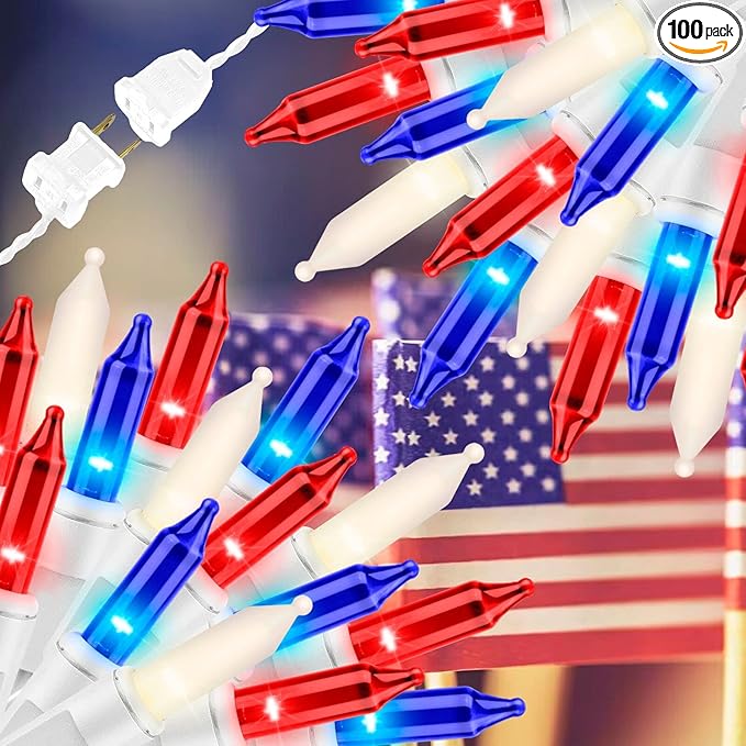100LIGHTS RED White and Blue Extra-Bright with End Connectors 4th July Decoration Patriotic Mini String Lights 5.98m UL Certified Waterproof for Home Garden Holiday Tree Party Patio