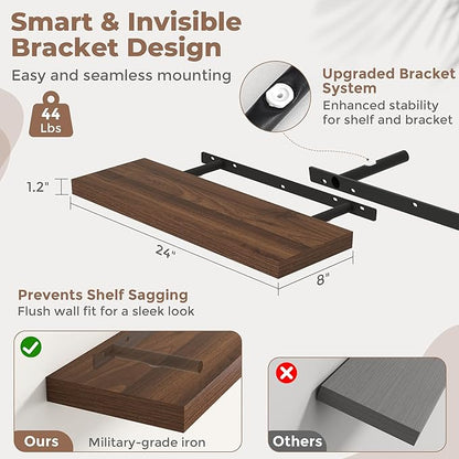 24 Inch Floating Shelves for Wall Set of 2, 8"D Wood Grain Bathroom Shelves with Invisible Brackets, Easy Install Engineered Wood Storage Shelves for Kitchen, Living Room, Bedroom, Walnut Finish