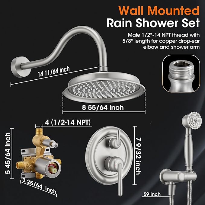Rainfall Shower System Shower Faucet Set with Rain Shower Head and Handheld Spray Wall Mounted Bathroom Luxury Mixer Combo Set Rough-in Valve Body and Trim Included 9 inch Brushed Nickel