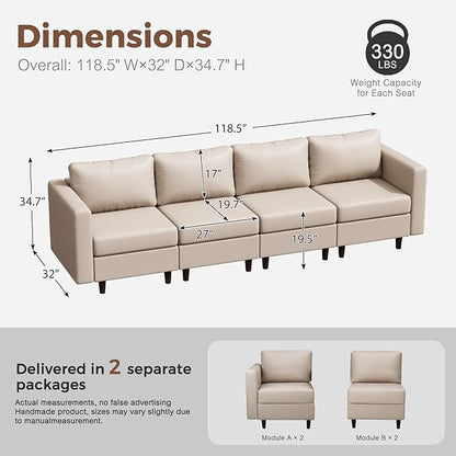 118.5" Faux Leather Modular Sectional Sofa with Storage Seat, Oversized 4 Seater Couch Deep Seat with Removable Cover Whitesand