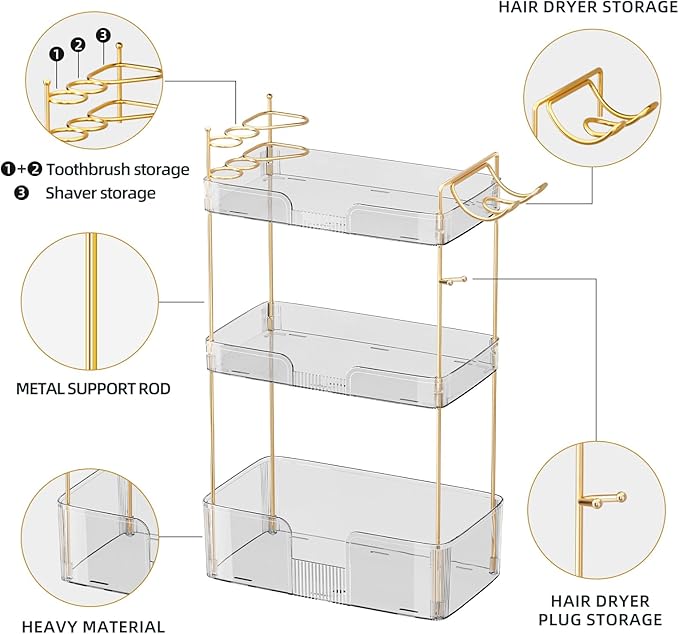 Bathroom Counter Organizer with Hair Dryer Holder, Hair Tool Countertop Storage, Cosmetics Skincare Shelf Organizer, Makeup Organizer Perfume for Dresser Vanity Tray(3 Tier-White)