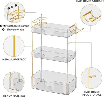 Bathroom Counter Organizer with Hair Dryer Holder, Hair Tool Countertop Storage, Cosmetics Skincare Shelf Organizer, Makeup Organizer Perfume for Dresser Vanity Tray(3 Tier-White)
