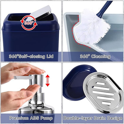24PC Navy Blue Bathroom Set with Shower Curtain and Rugs, Blue Bathroom Sets Complete with Trash Can,Soap Dispenser,Soap Dish,Toilet Brush,Toothbrush Holder and Cup,Tray,Q-Tip Holders