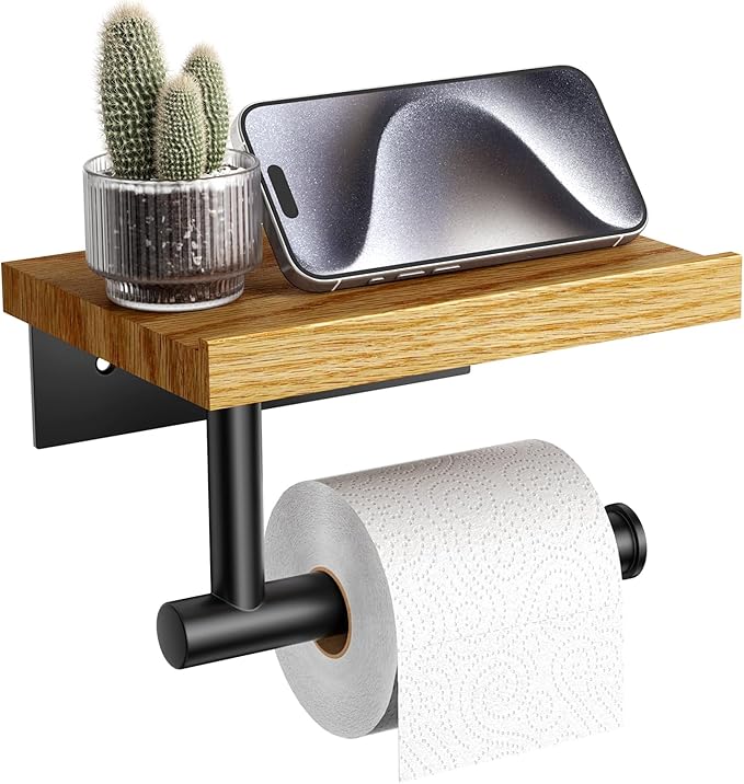 Tindbea Toilet Paper Holder with Wood Shelf, Wooden Wall Mount Tissue Roll Holder, Matte Black Stainless Steel Bathroom Accessories Decor for Household Home Apartment Restroom Essential (Red Oak)