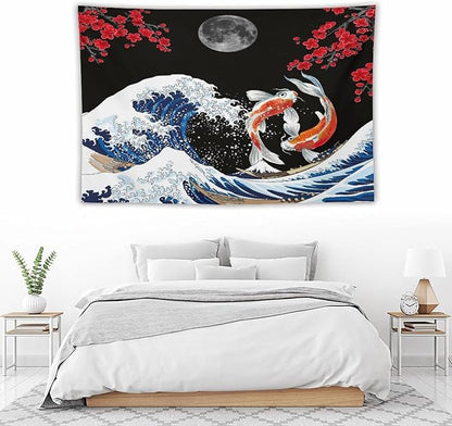 Houselerax Japanese Koi Fish Tapestry, Yin Yang Big Wave Red Cherry Blossom Tapestries Wall Hanging for Bedroom Living Room Office Decor 90"x60"