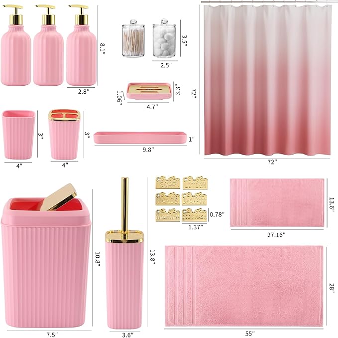 32PCS Bathroom Accessories Set Bathroom Set,Pink Shower Curtain Set,Bath Towel Set,Hand Towel,Toilet Brush,Trash Can & 3PCS Soap Dispenser