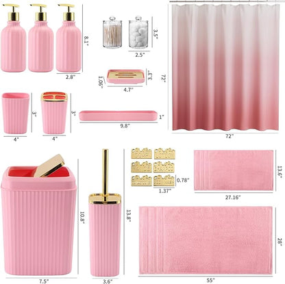 32PCS Bathroom Accessories Set Bathroom Set,Pink Shower Curtain Set,Bath Towel Set,Hand Towel,Toilet Brush,Trash Can & 3PCS Soap Dispenser