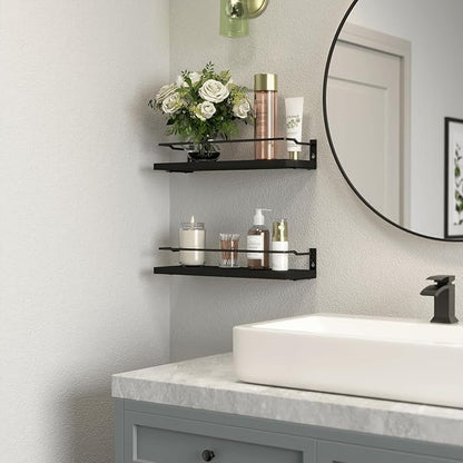 RICHER HOUSE Bathroom Shelves, Black Floating Wall Shelf Organizer Over Toilet Storage with 2 Shelves