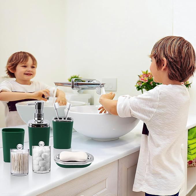 Dark Green Bathroom Accessories Set with Shower Curtain and No-Slip Bath Rugs,24PC Bath Sets with Trash Can, Toothbrush Holder, Cup, Soap Dispenser, Tray, Soap Dish, Toilet Brush, Qtip Holders