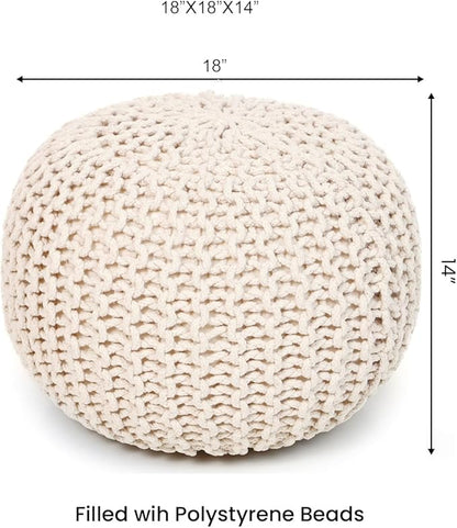 REDEARTH Round Pouf Ottoman –18"x18"x14" Hand-Knitted Cotton Pouffe –Cable Footstool –Boho Dori Hassock –Pre-Stuffed Poof – Extra Seat -Poofy Footrest for Living Room, Bedroom, Nursery, Nook –Ivory